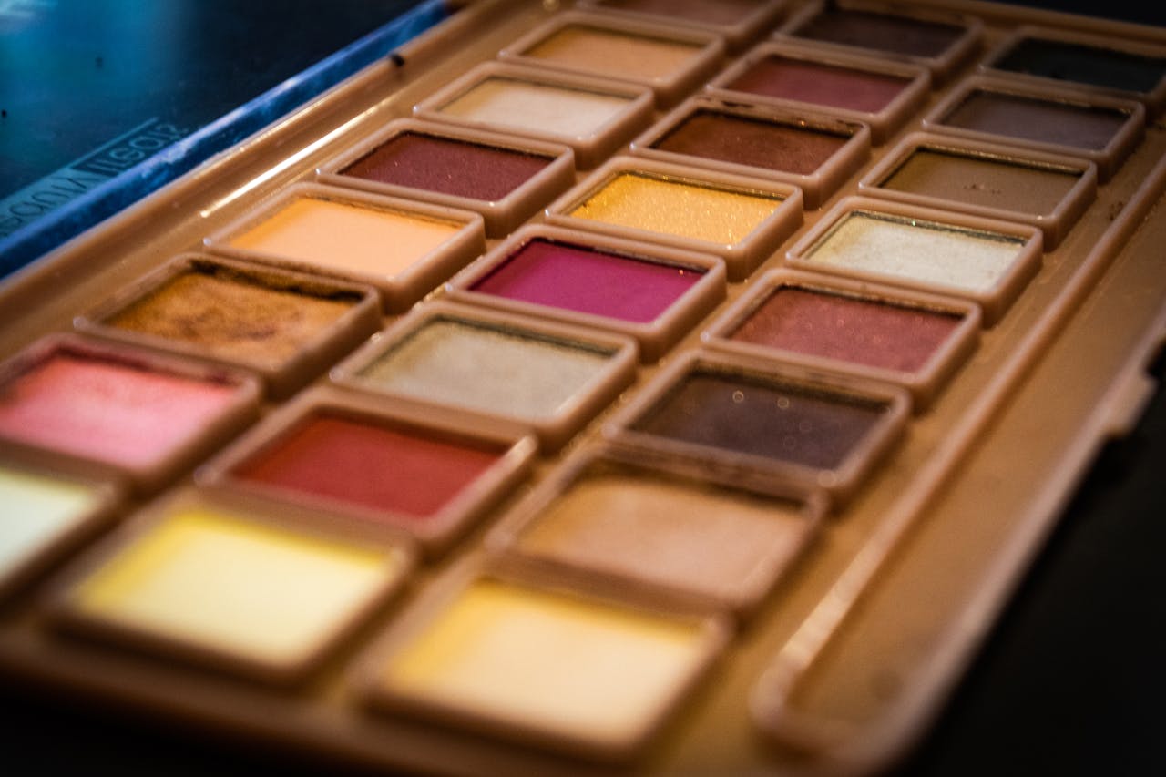 Close-up of a colorful eyeshadow palette with various shades for makeup artistry.